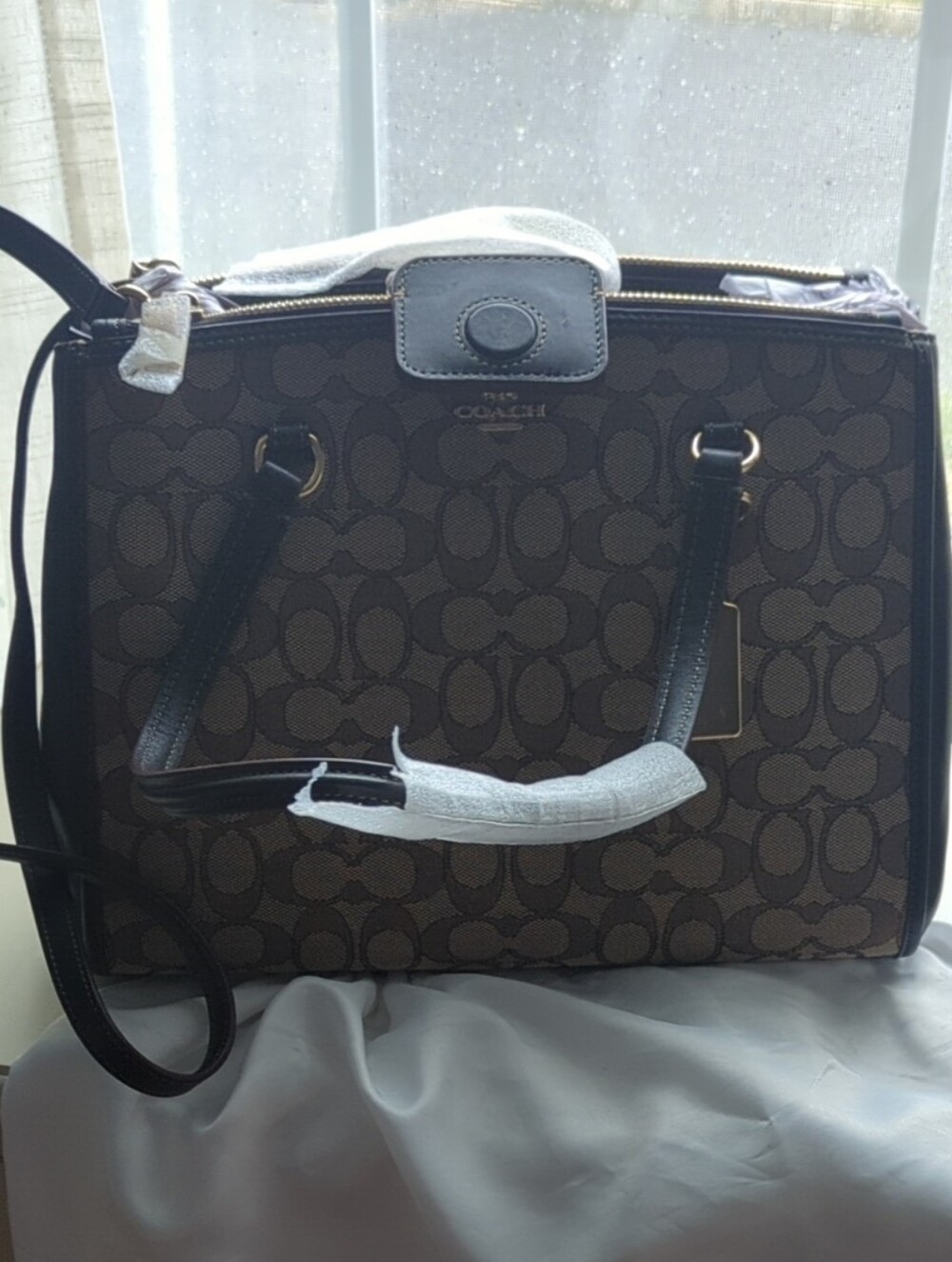 Coach Brown Signature Canvas Satchel with Black Handles